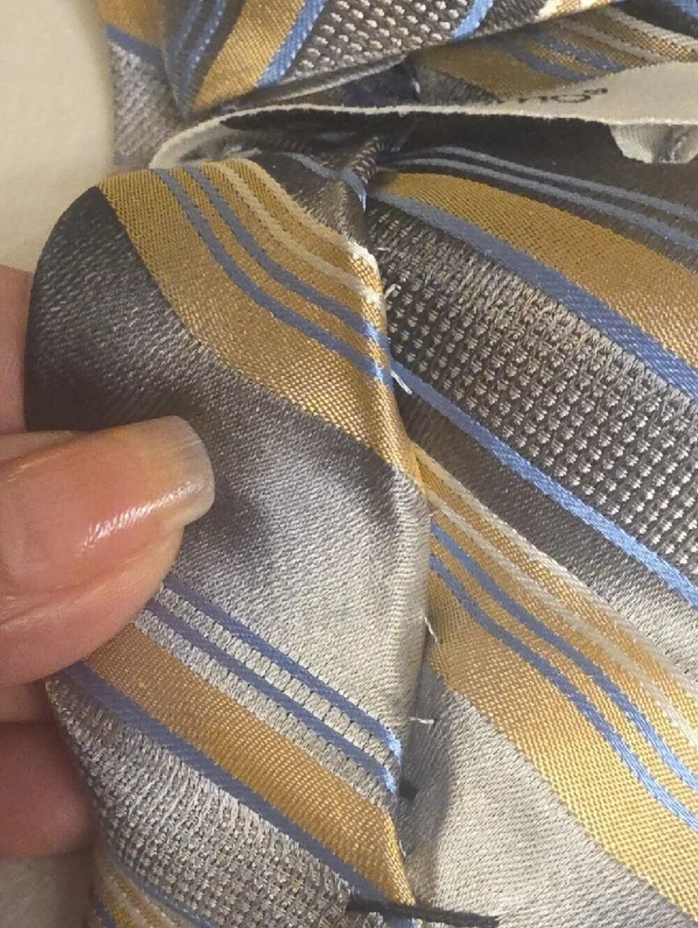 Pronto Uomo Silk Hand Made Gray Tie with Gold and Blue Stripes X Large 65 Inches